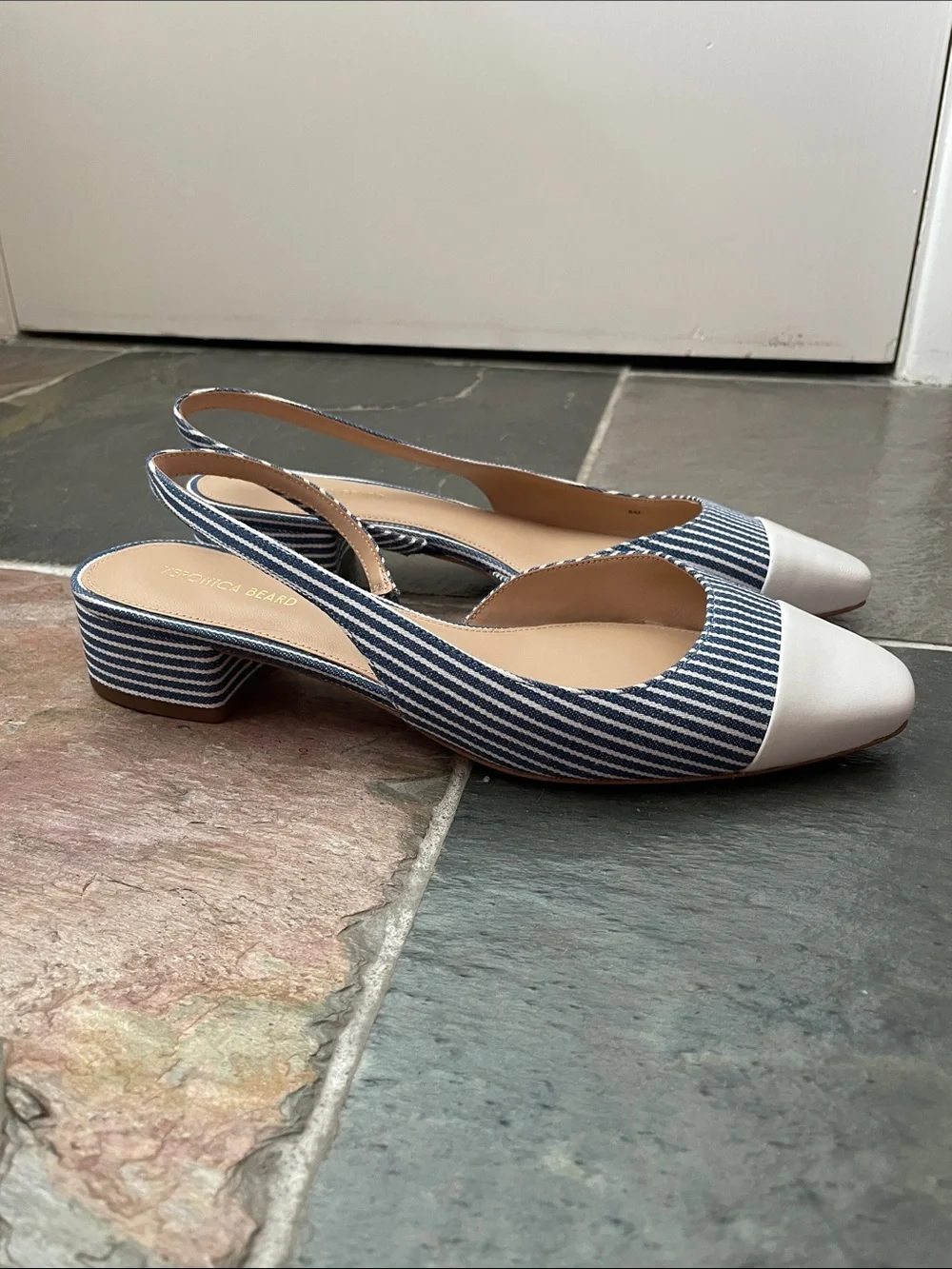 New Veronica Beard Cecile Slingback Pumps Blue White Stripe Low Heel Sz 8